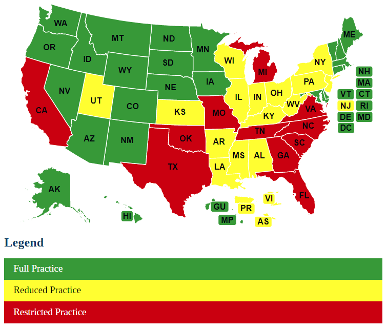 NP State Practice Authority map from the American Association of Nurse Practitioners (AANP)